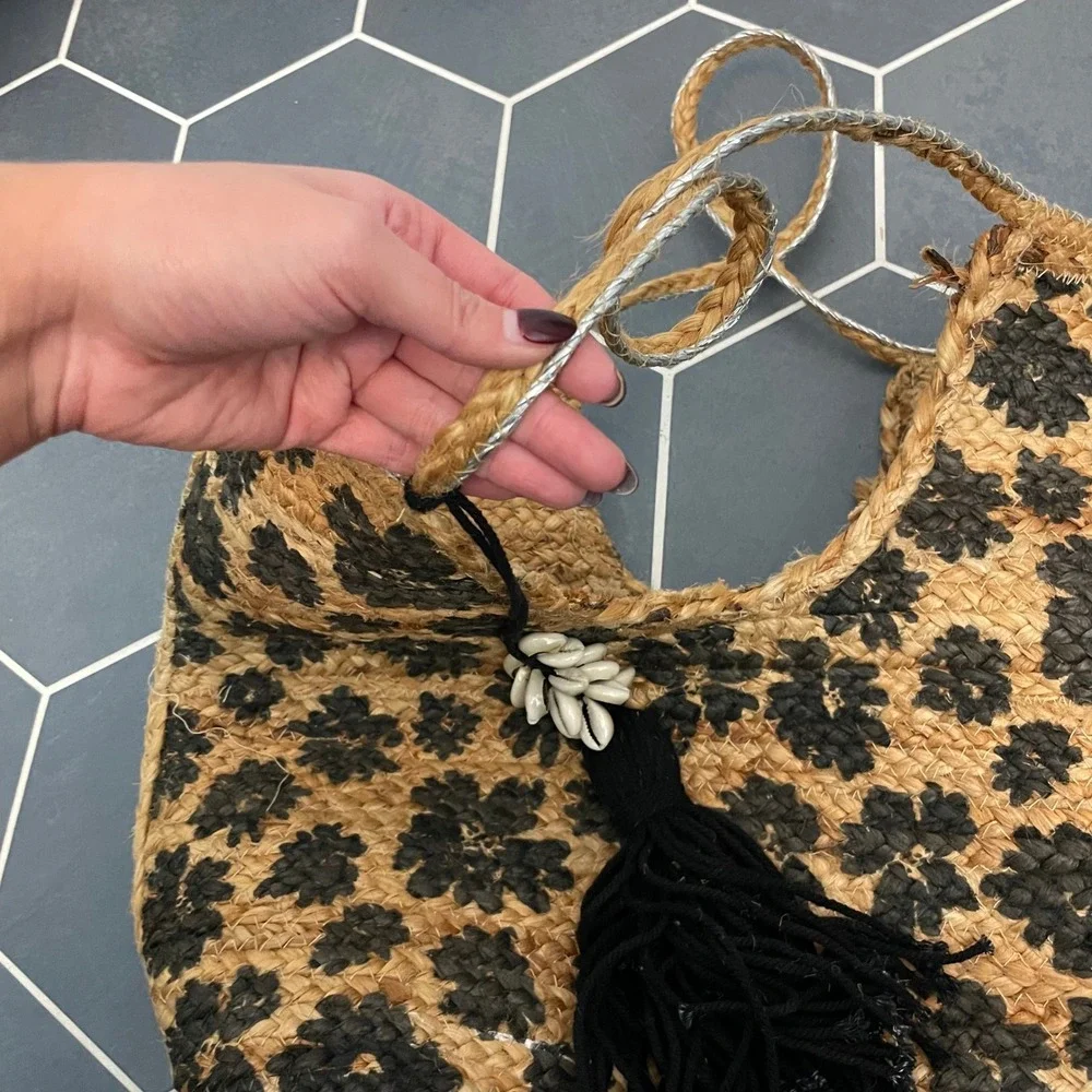 Jute Tote Bag Black Floral Print Tassel Shell Detail Woven Basket‎ Boho Beach
